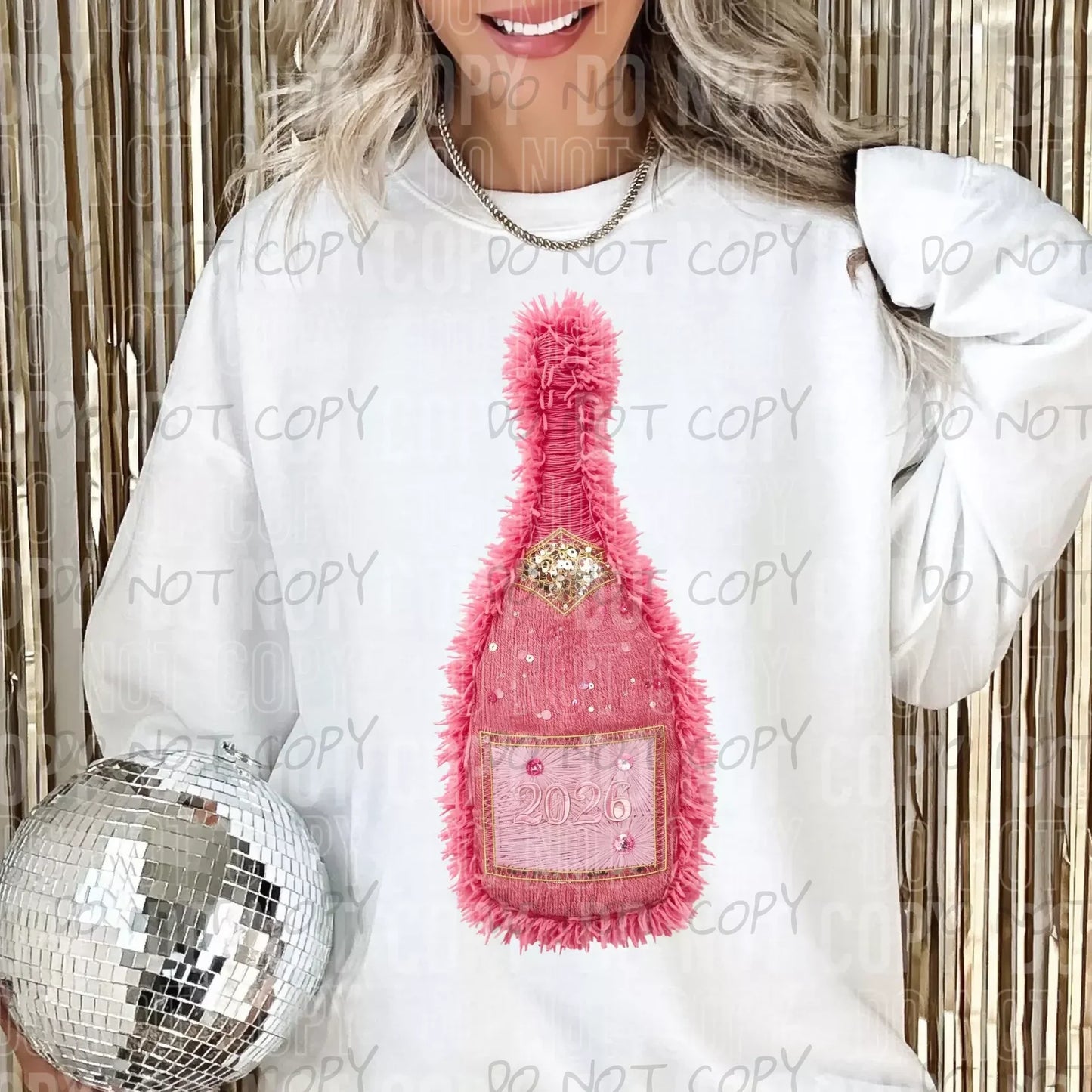 CHAMPAGNE BOTTLE NEW YEAR PINK FAUX YARN - DTF TRANSFER