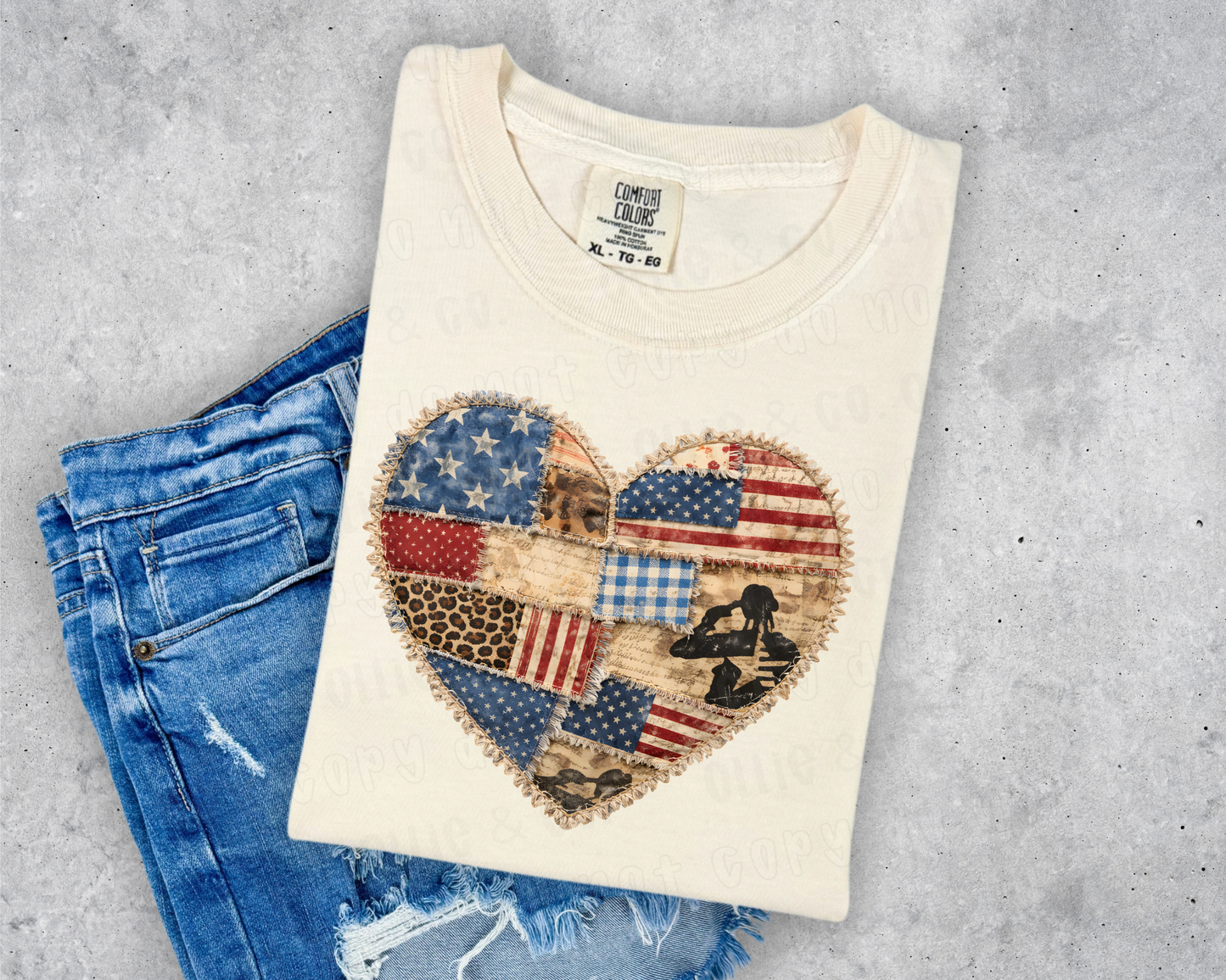 FAUX PATCHWORK HEART W/ MILITARY - DTF TRANSFER