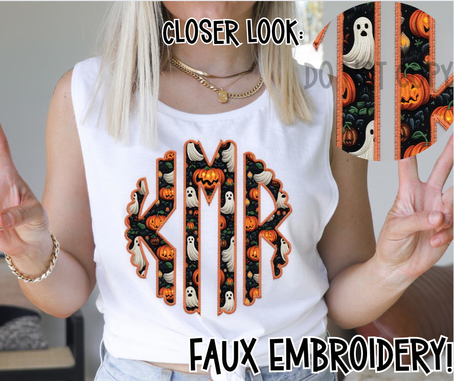 HAPPY GHOSTS & PUMPKINS MONOGRAM - CUSTOM TRANSFER