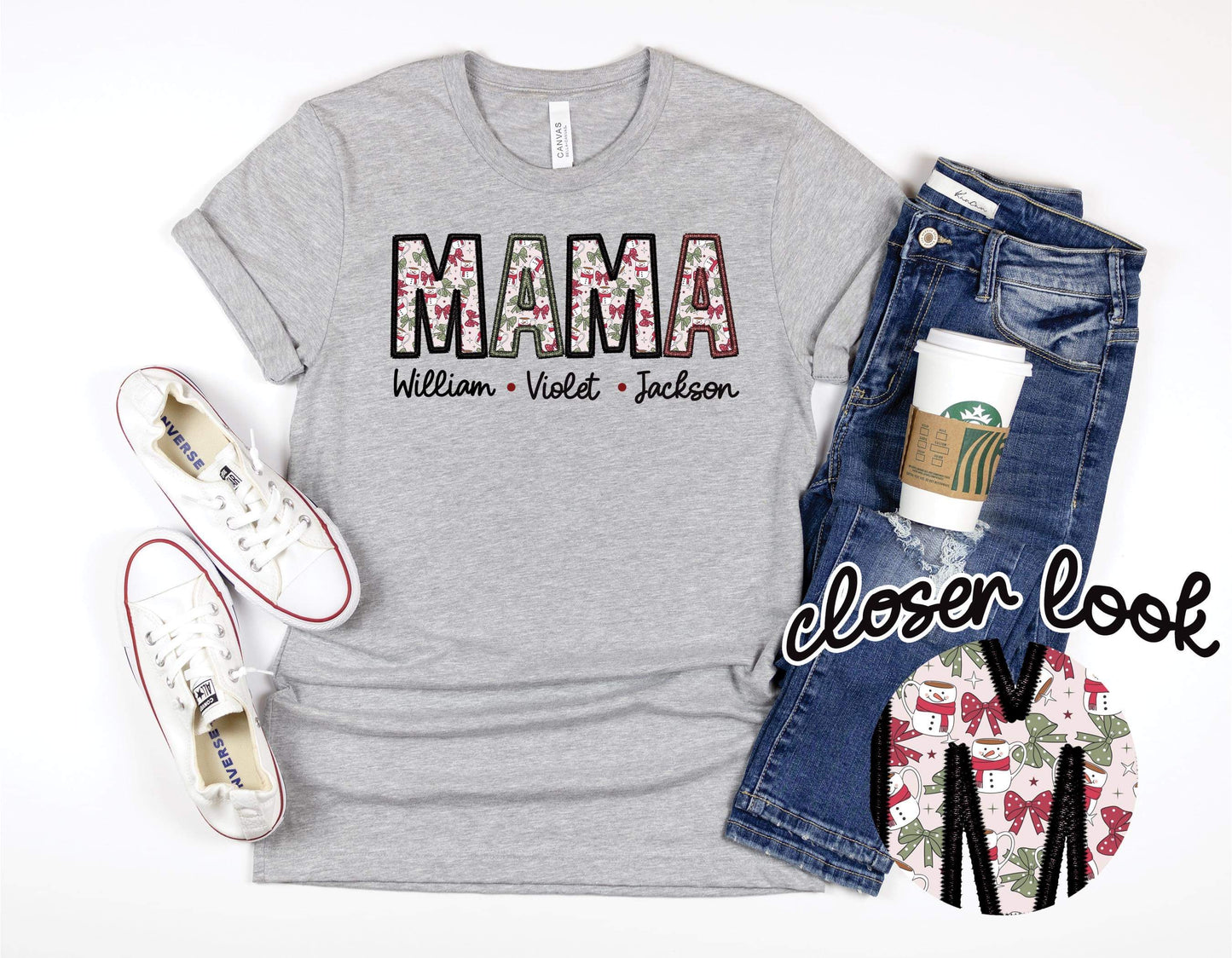 RED & GREEN CHRISTMAS TITLE W/ KIDS NAMES - FAUX EMBROIDERY - CUSTOM TRANSFER