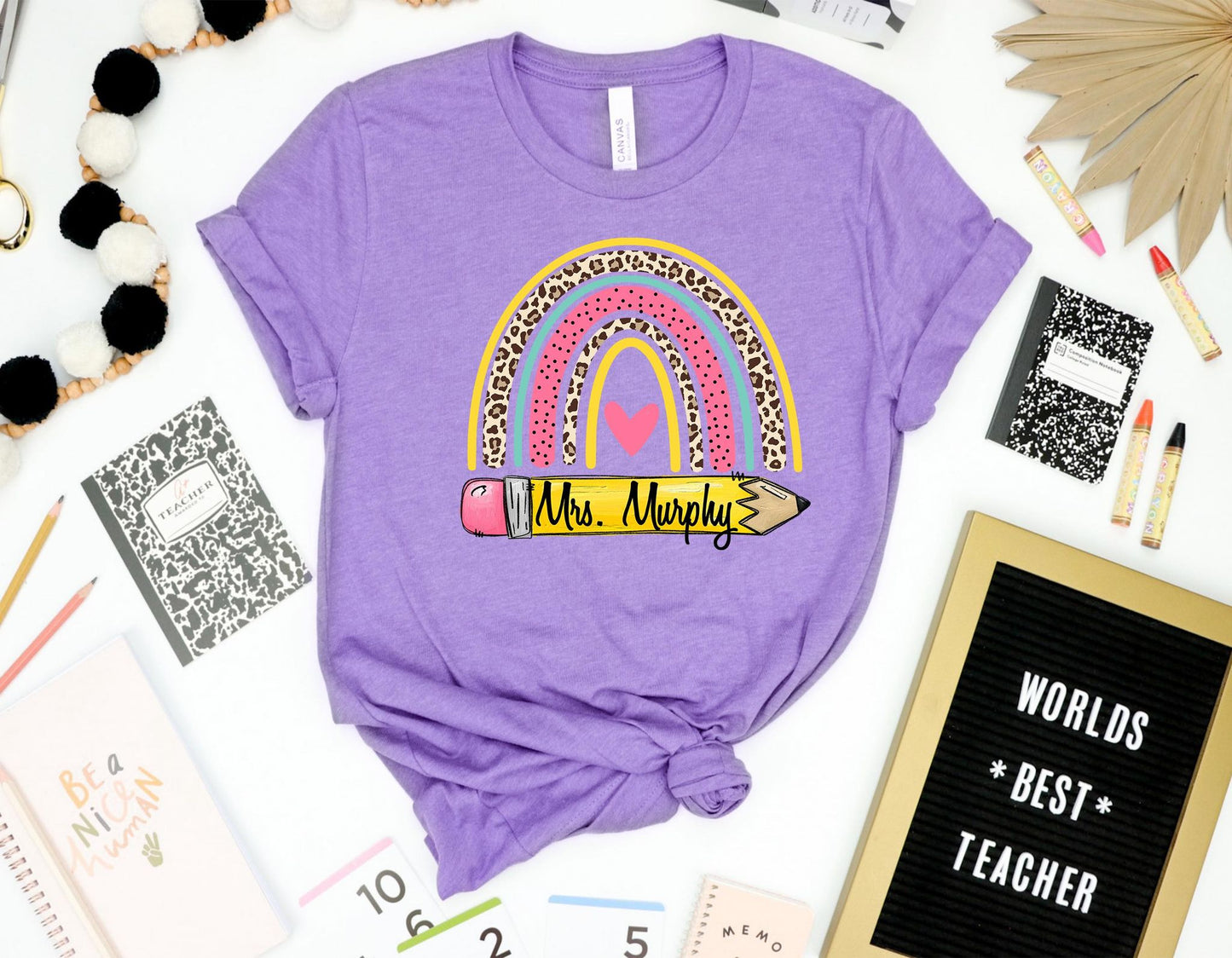 TEACHER NAME ON PENCIL W/ LEOPARD RAINBOW - CUSTOM TRANSFER