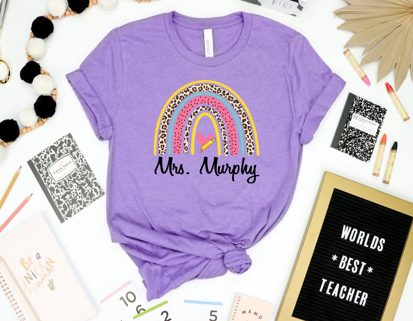 TEACHER NAME W/ LEOPARD RAINBOW & PENCIL HEART - CUSTOM TRANSFER