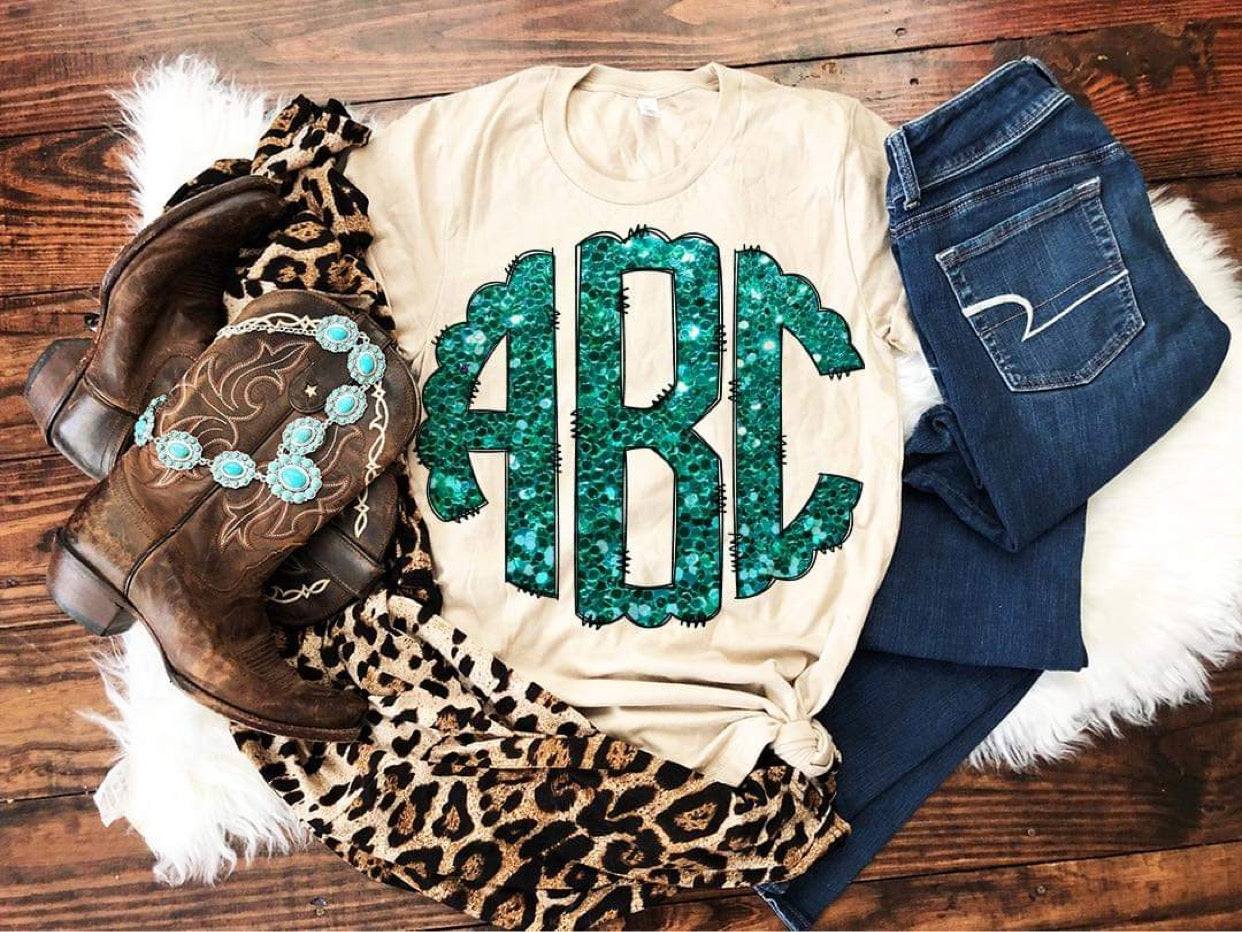 TEAL GLITTER MONOGRAM - FAUX GLITTER - CUSTOM TRANSFER