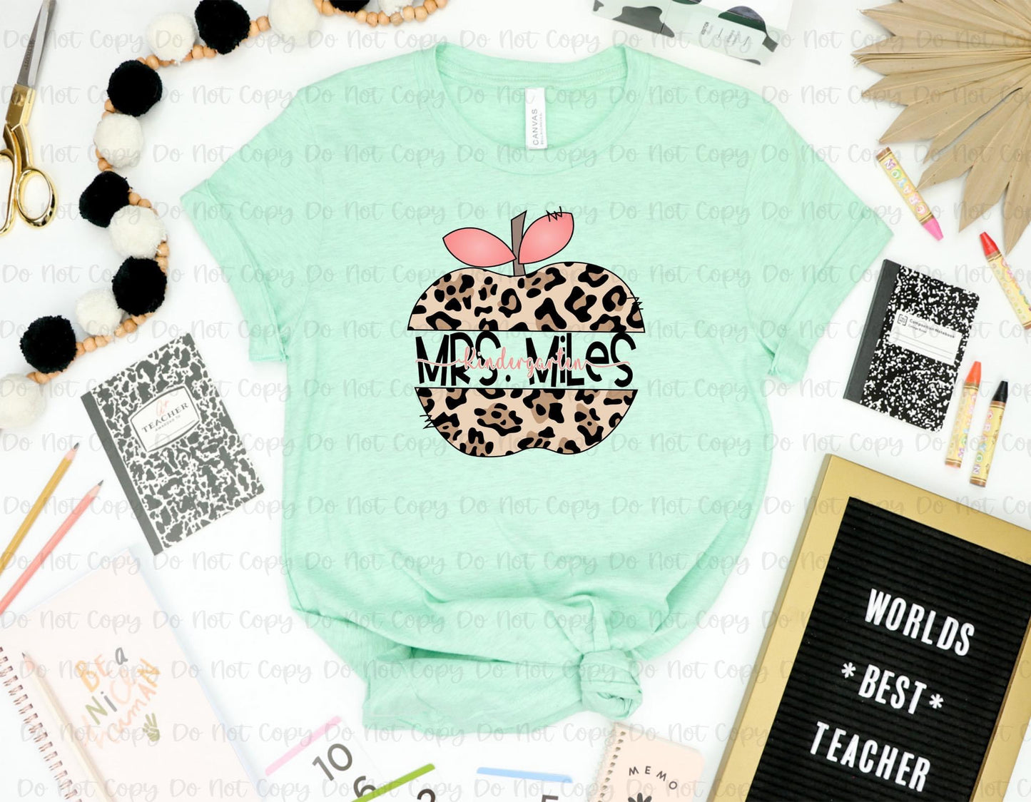 LEOPARD APPLE TEACHER NAME W/ KNOCKOUT - CUSTOM TRANSFER