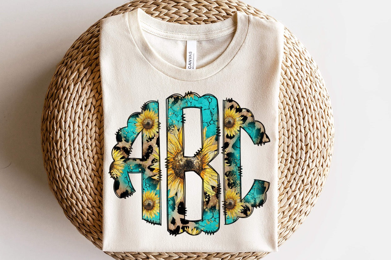 LEOPARD TURQUOISE SUNFLOWER MONOGRAM - CUSTOM TRANSFER