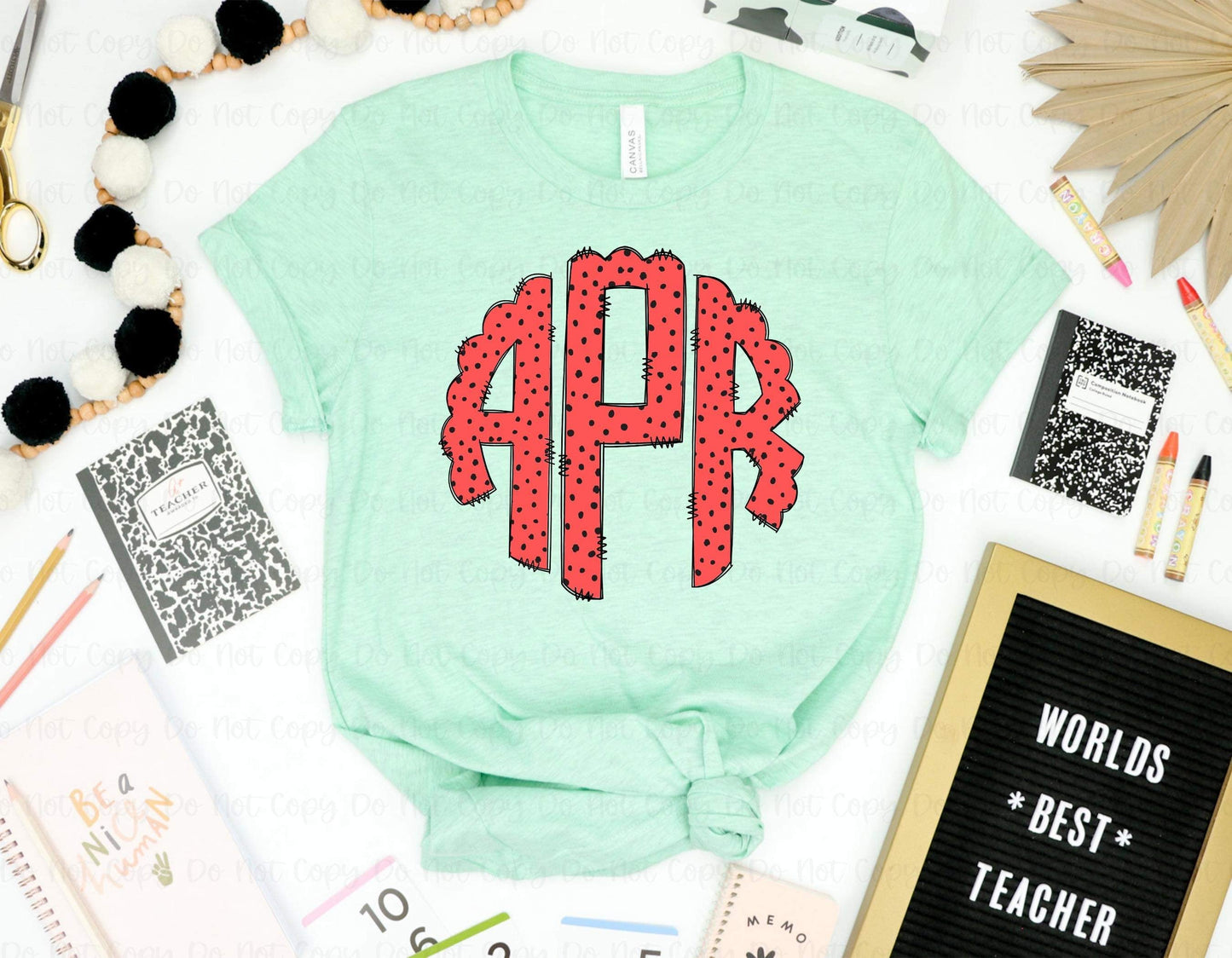 PINK + BLACK POLKA DOTS - MONOGRAM - CUSTOM COMPLETED TEE