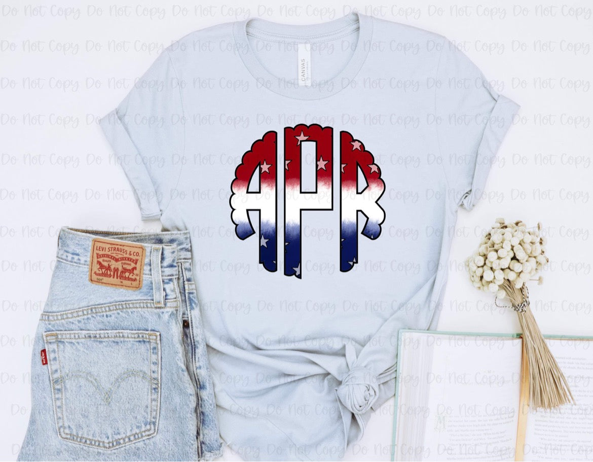 RED WHITE AND BLUE STARS MONOGRAM - CUSTOM TRANSFER