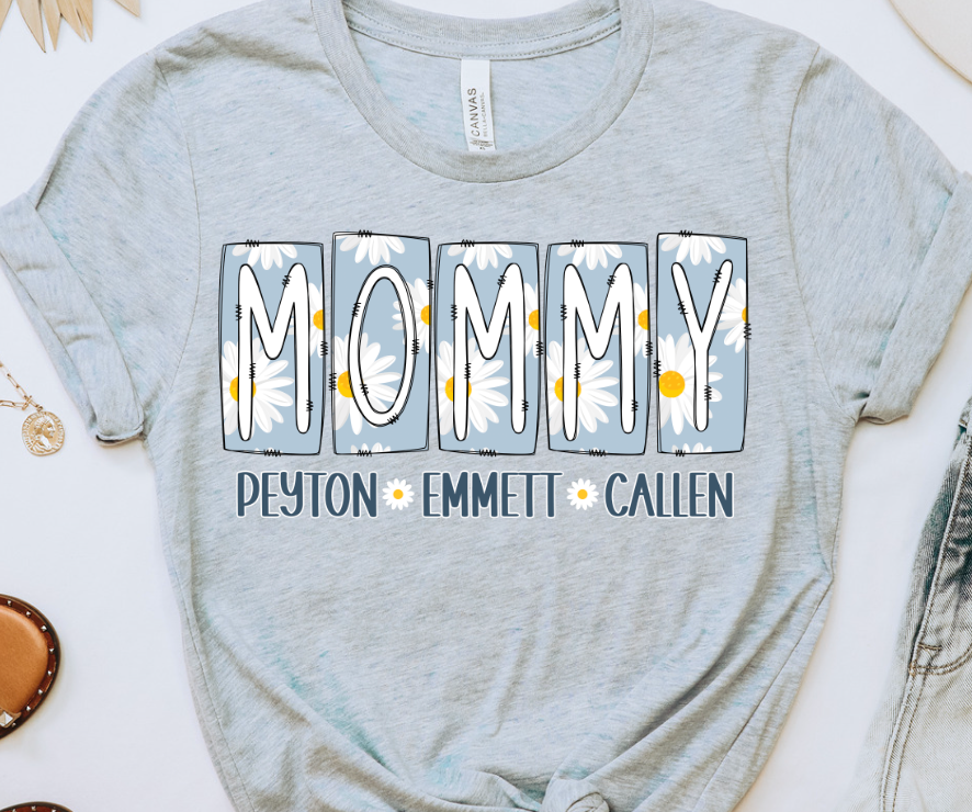 BLUE DAISY BLOCK TITLE W/ KIDS NAME - CUSTOM TRANSFER