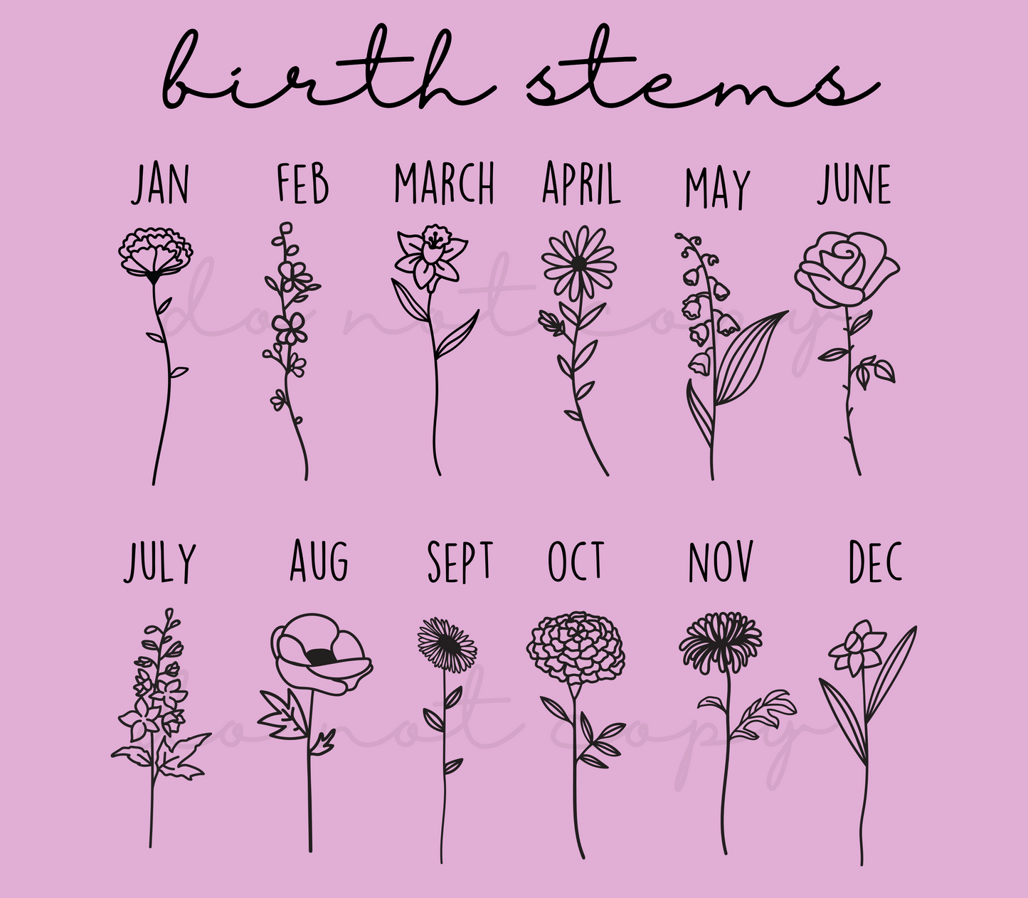 BIRTH FLOWERS W/ NAMES ON STEM - CUSTOM TRANSFER