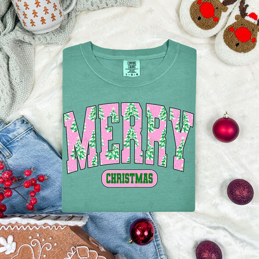 PINK WITH GREEN CHRISTMAS TREES MERRY CHRISTMAS - DTF TRANSFER