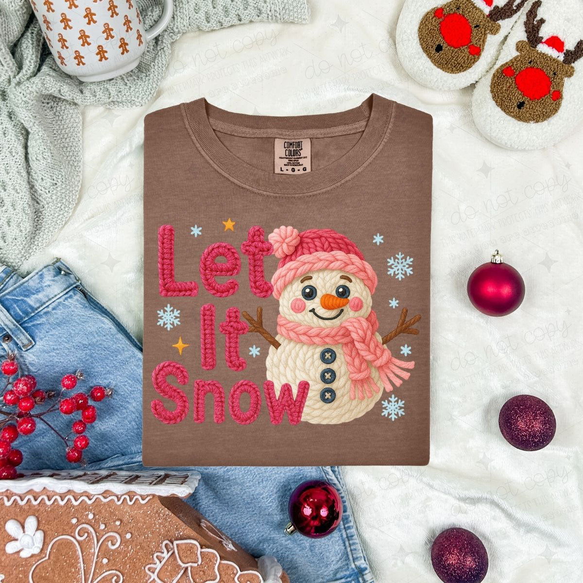 PINK SNOWMAN LET IS SNOW - FAUX YARN - DTF TRANSFER