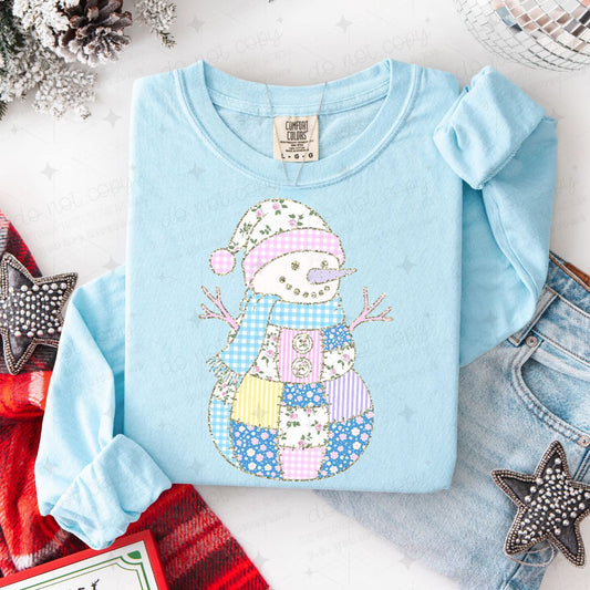 PASTEL PATCHWORK SNOWMAN - FAUX GLITTER - DTF TRANSFER
