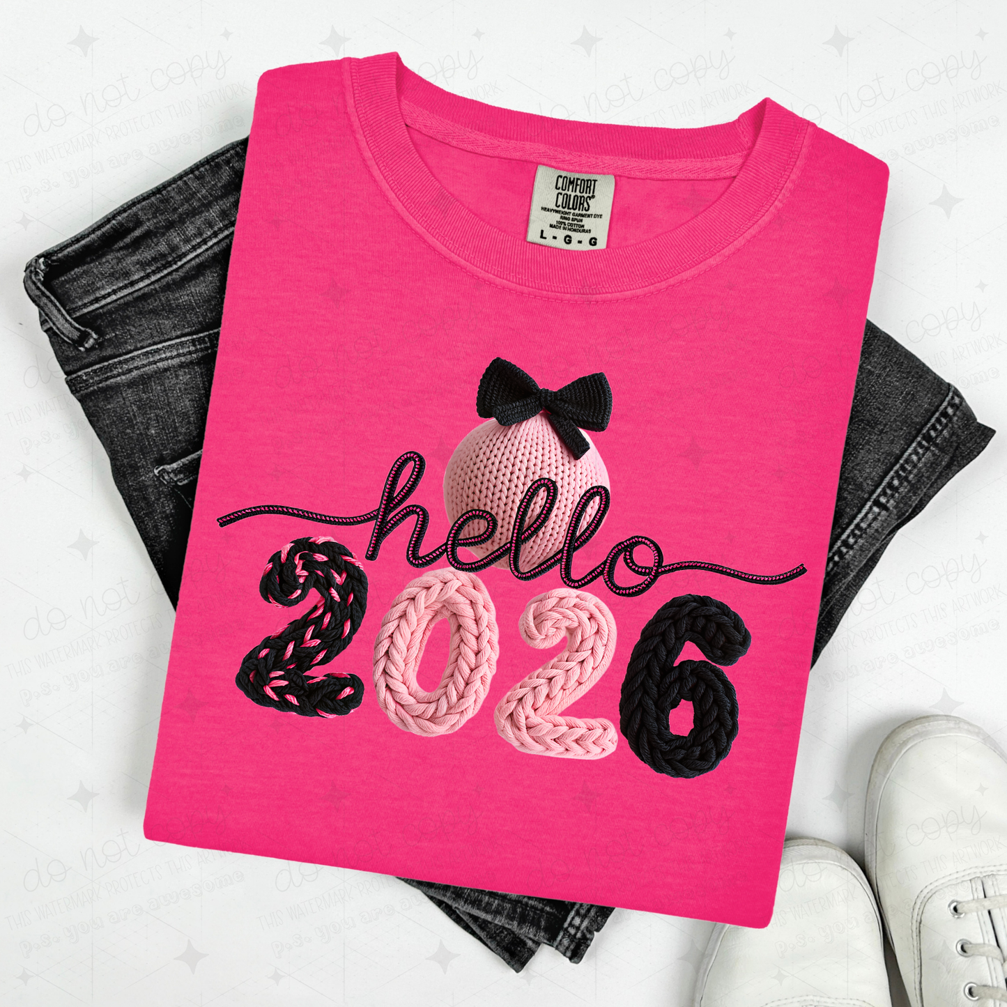 COQUETTE PINK AND BLACK HELLO 2026 - FAUX YARN - DTF TRANSFER