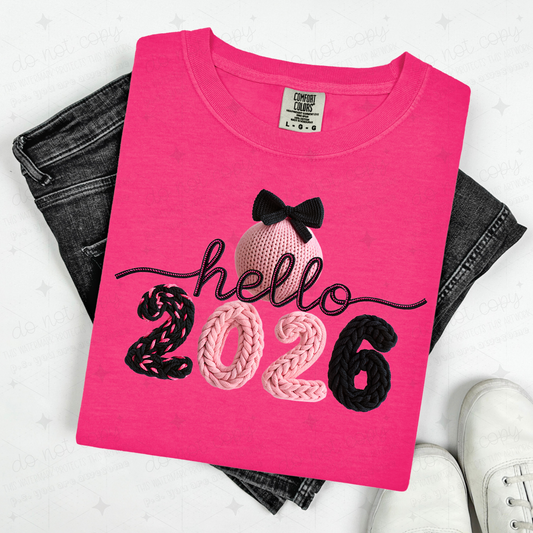 COQUETTE PINK AND BLACK HELLO 2026 - FAUX YARN - DTF TRANSFER