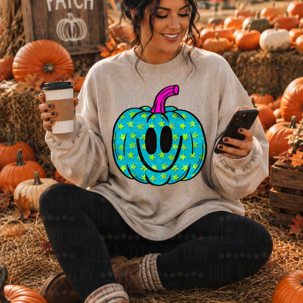 TEAL PUMPKIN WITH STARS - DTF TRANSFER