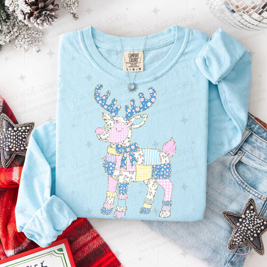 COQUETTE PASTEL PATCHWORK REINDEER - FAUX GLITTER - DTF TRANSFER
