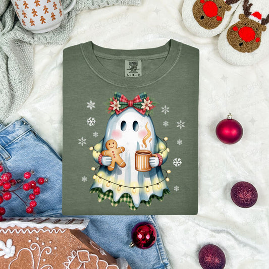 COQUETTE GIRLY CHRISTMAS GHOST WITH COOKIE AND COFFEE - DTF TRANSFER