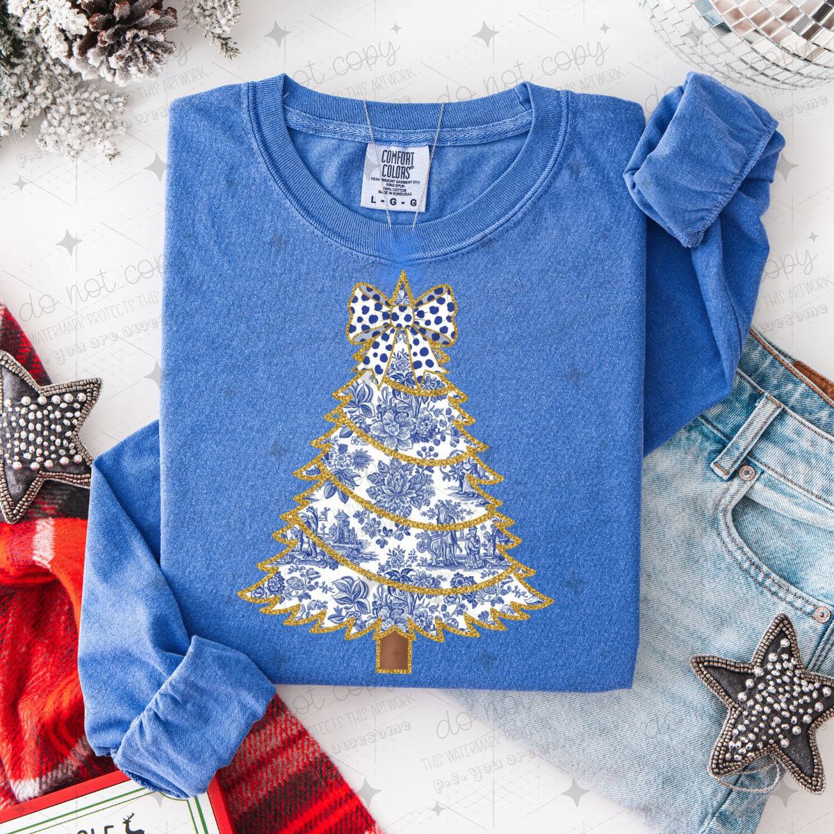 COQUETTE BLUE TOILE CHRISTMAS TREE - DTF TRANSFER