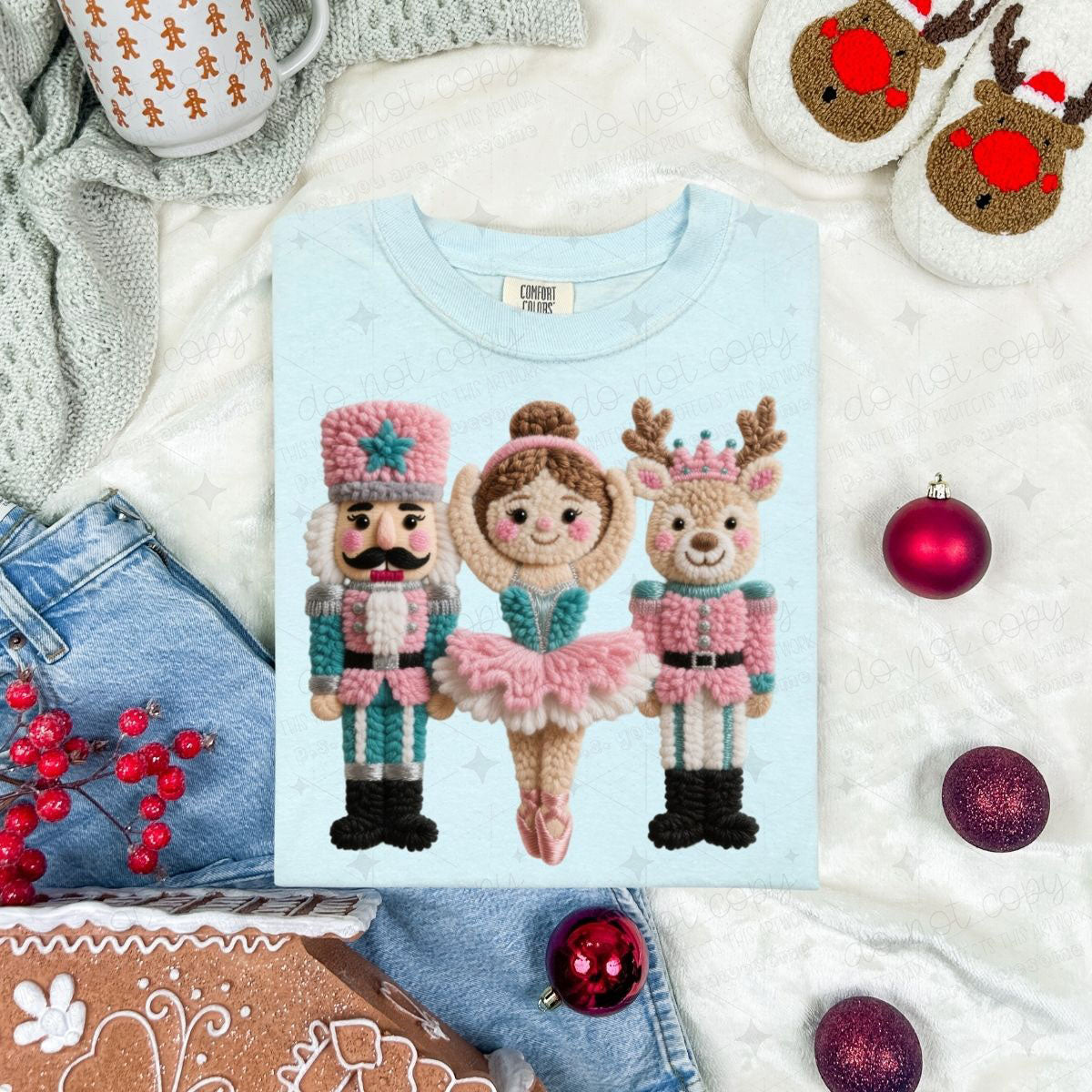 PINK AND TEAL NUTCRACKER,BALLERINA AND REINDEER - FAUX YARN - DTF TRANSFER