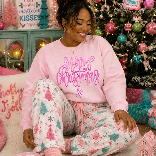 MERRY CHRISTMAS PINK - FAUX EMBROIDERY - DTF TRANSFER