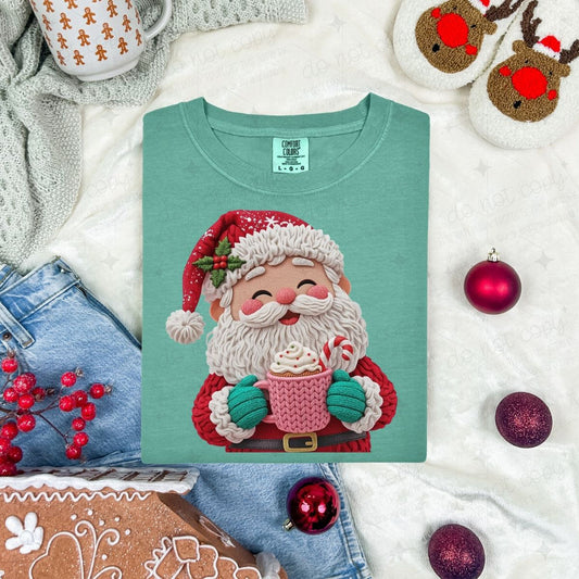 CHEERFUL SANTA WITH HOT COCOA - FAUX YARN - DTF TRANSFER
