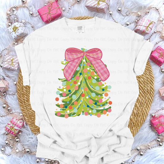 Gold Glitter Christmas Tree Pink Plaid Bow