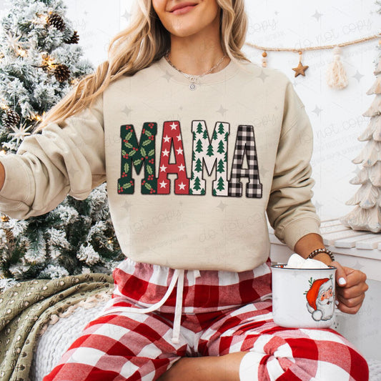 MAMA WITH HOLLY,STARS,TREES & PLAID PATTERN - DTF TRANSFER