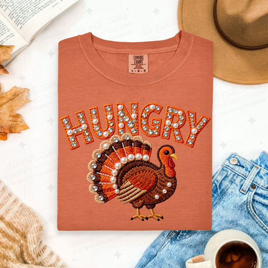 HUNGRY TURKEY - FAUX YARN/FAUX RHINESTONES/PEARLS - DTF TRANSFER