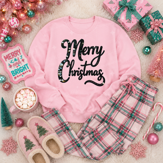 MERRY CHRISTMAS BLACK - FAUX SEQUIN - DTF TRANSFER