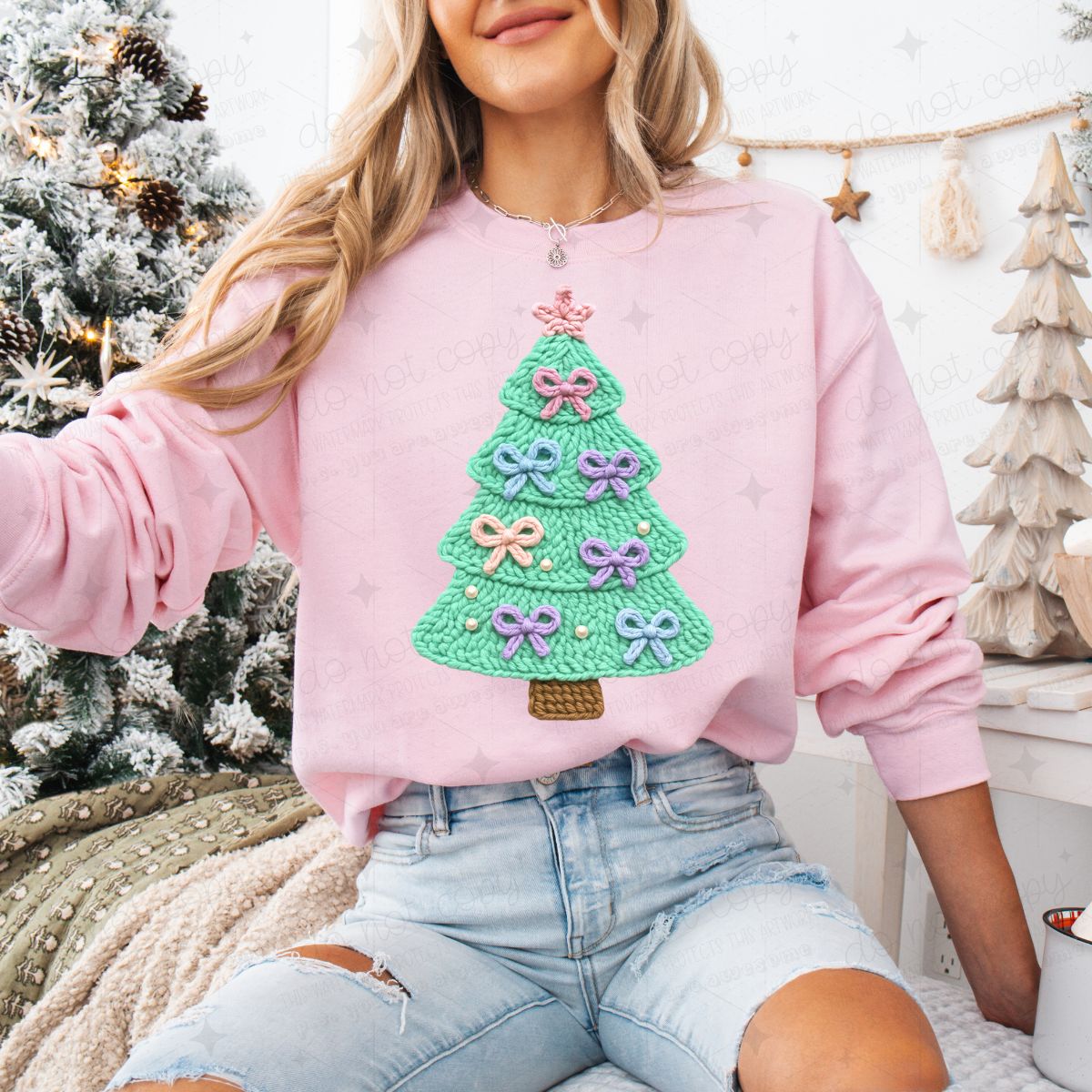 COQUETTE CHRISTMAS TREE WITH BOWS - FAUX YARN - DTF TRANSFER