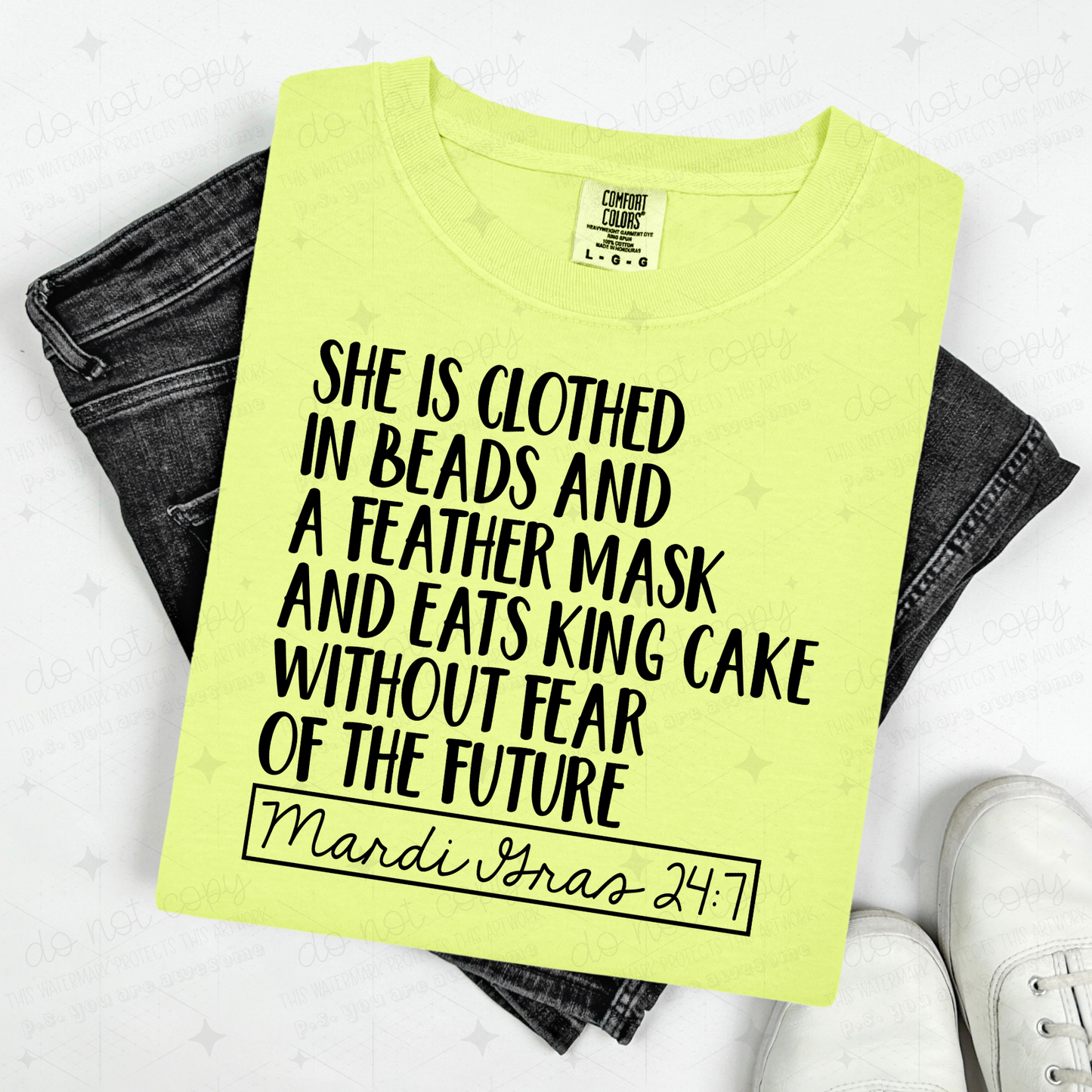 SHE IS CLOTHED IN MARDI GRAS 24:7 - BLACK TEXT - DTF TRANSFER