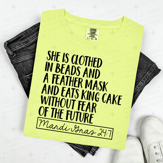 SHE IS CLOTHED IN MARDI GRAS 24:7 - BLACK TEXT - DTF TRANSFER