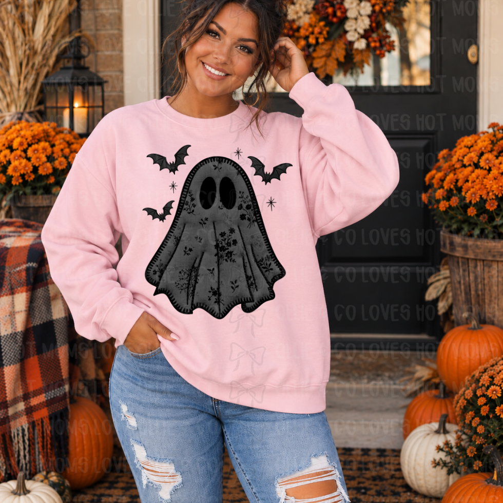 BLACK STITCHED GHOST - FAUX EMBROIDERED - DTF TRANSFER