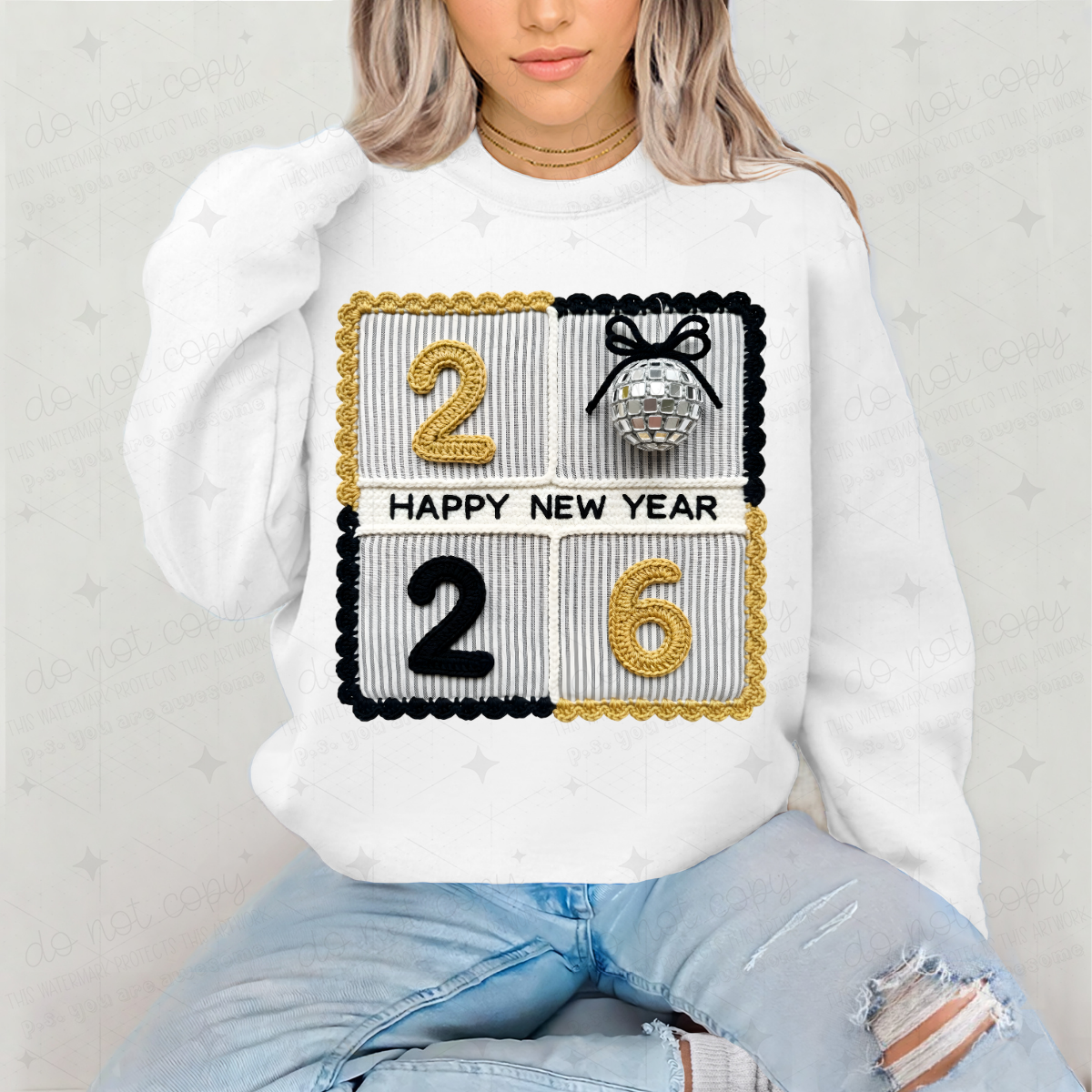COQUETTE DISCO BALL 2026 HAPPY NEW YEAR - FAUX YARN - DTF TRANSFER