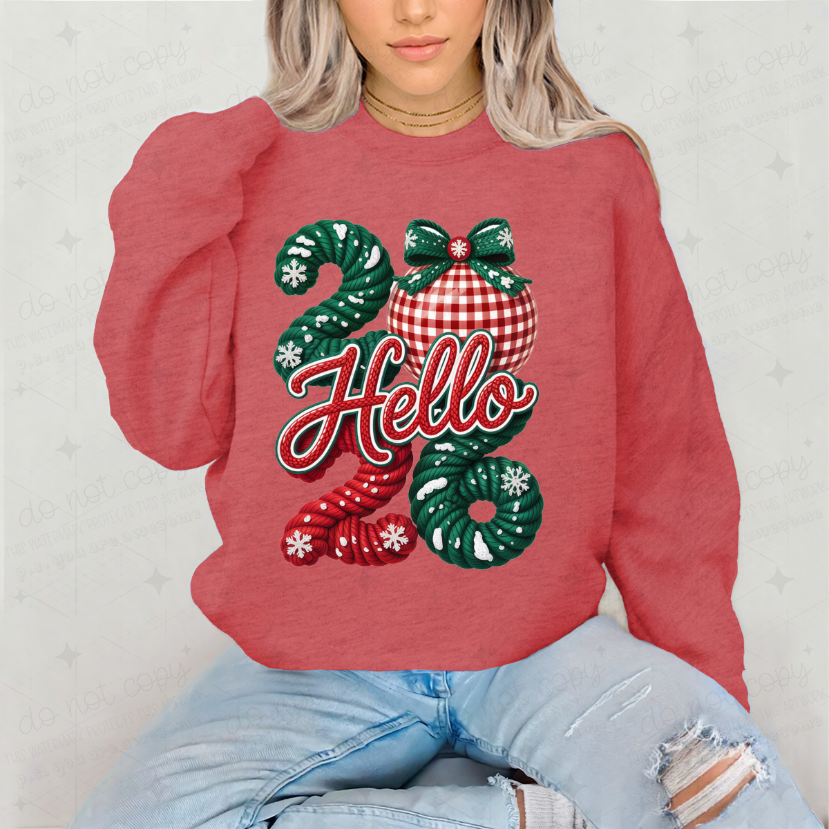 COQUETTE HELLO 2026 - RED AND GREEN - FAUX YARN - DTF TRANSFER