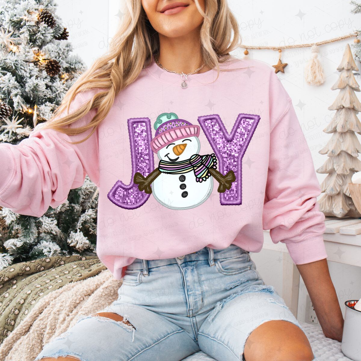 JOY SNOWMAN - FAUX EMBROIDERY/FAUX SEQUIN - DTF TRANSFER