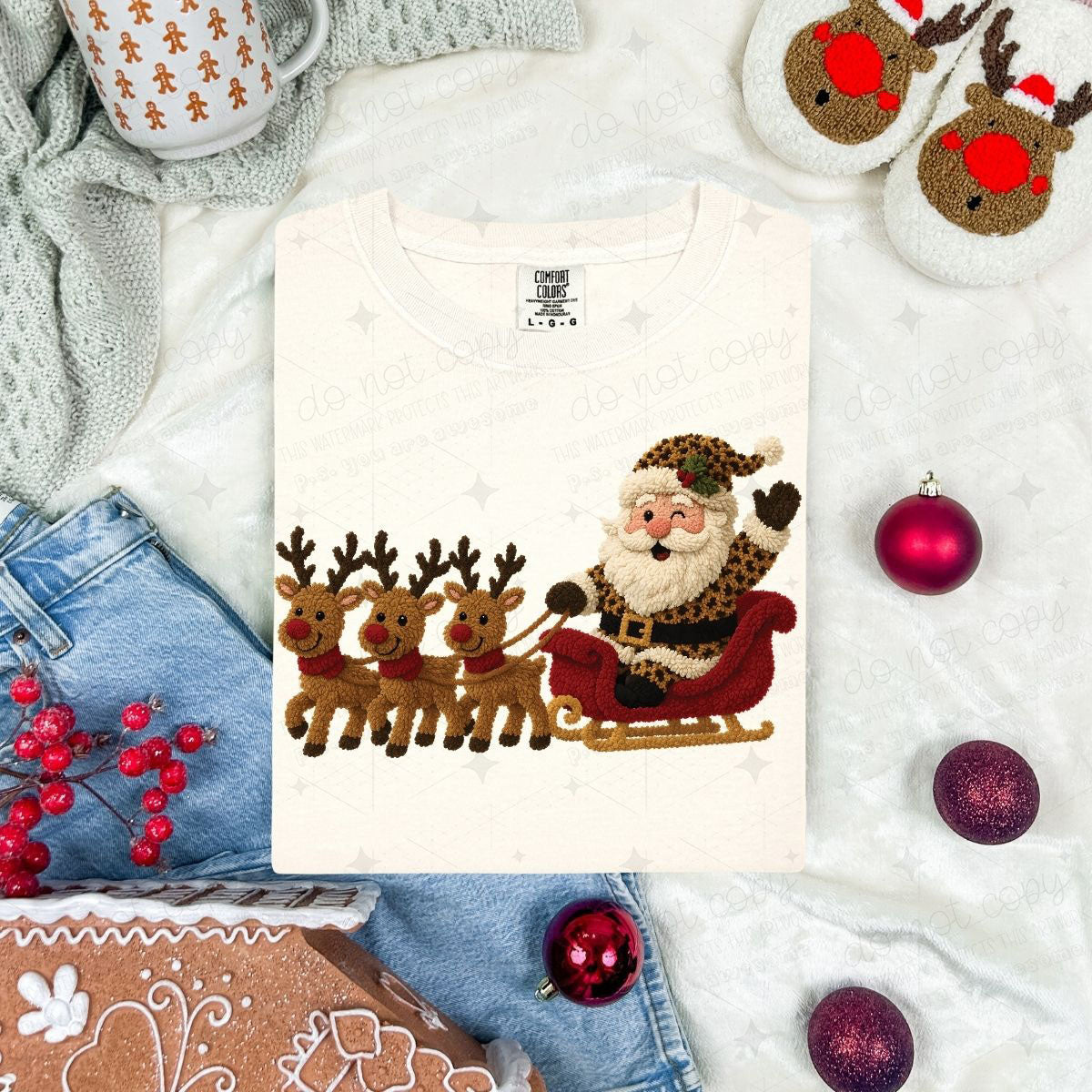 ANIMAL PRINT SANTA AND HIS REINDEERS - FAUX YARN - DTF TRANSFER