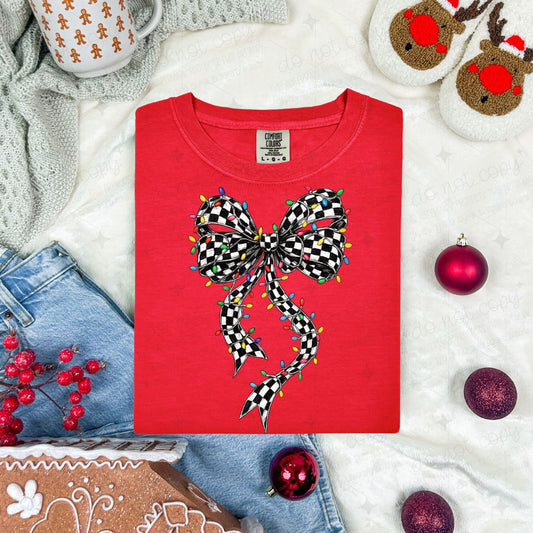 COQUETTE CHECKERED CHRISTMAS LIGHTS BOW - DTF TRANSFER
