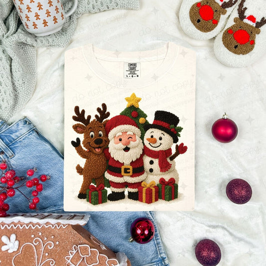 REINDEER SANTA AND SNOWMAN HUG - FAUX YARN - DTF TRANSFER