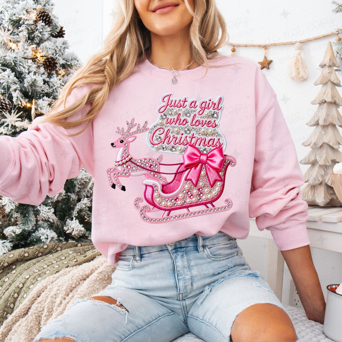 COQUETTE JUST A GIRL WHO LOVES CHRISTMAS - FAUX EMBROIDERY/FAUX RHINESTONES/FAUX PEARLS - DTF TRANSFER