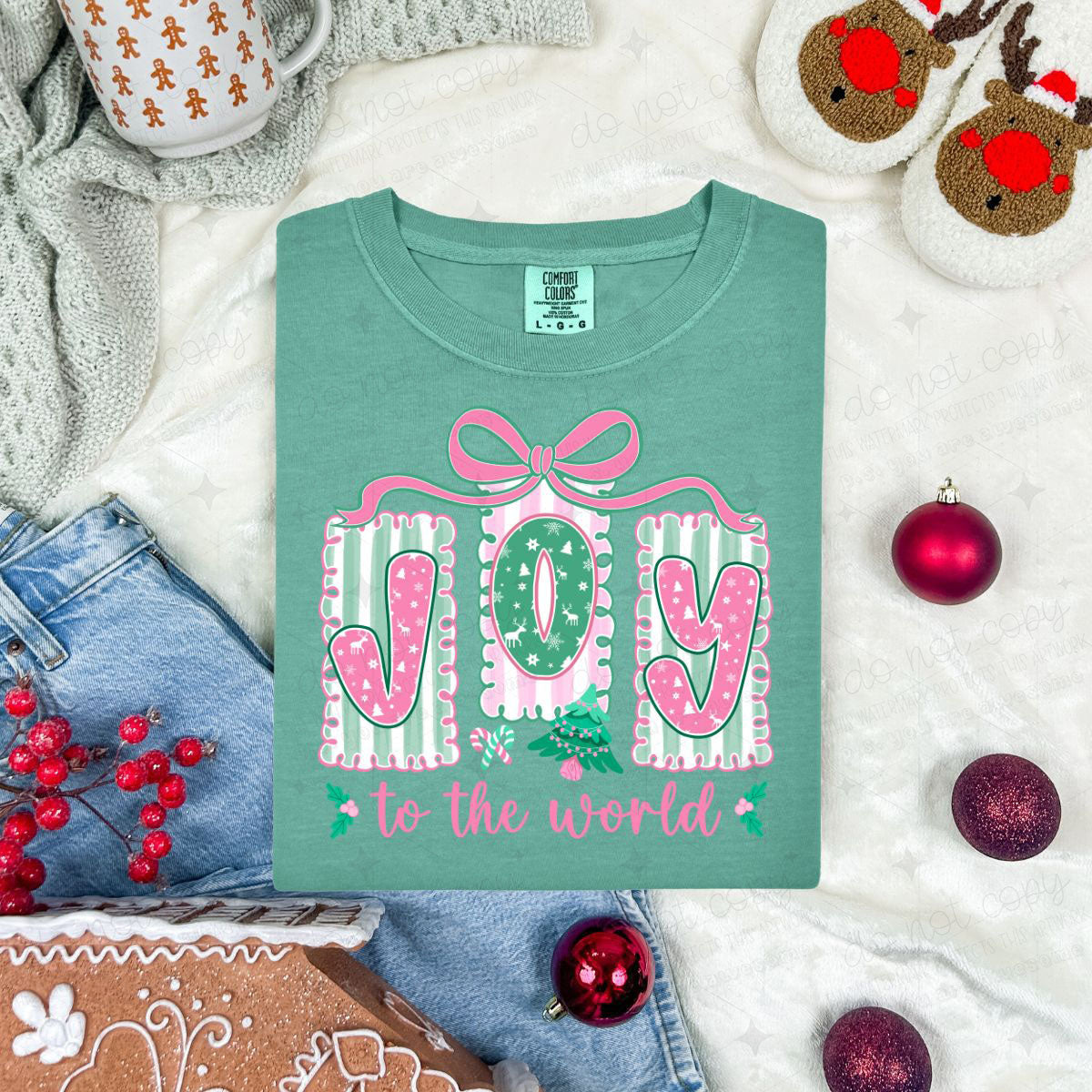 COQUETTE PINK AND GREEN JOY TO THE WORLD - DTF TRANSFER