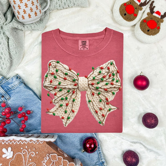 COQUETTE RED AND GREEN CHRISTMAS LIGHTS BOW - FAUX YARN - DTF TRANSFER