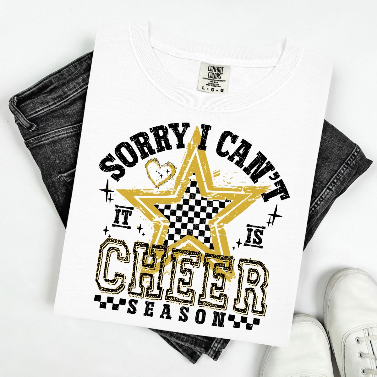 SORRY I CAN'T IT IS CHEER SEASON - BLACK/GOLD - DTF TRANSFER