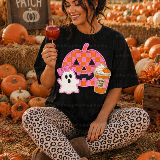 PUMPKIN SPICE PUMPKIN GHOST - FAUX EMBROIDERY - DTF TRANSFER