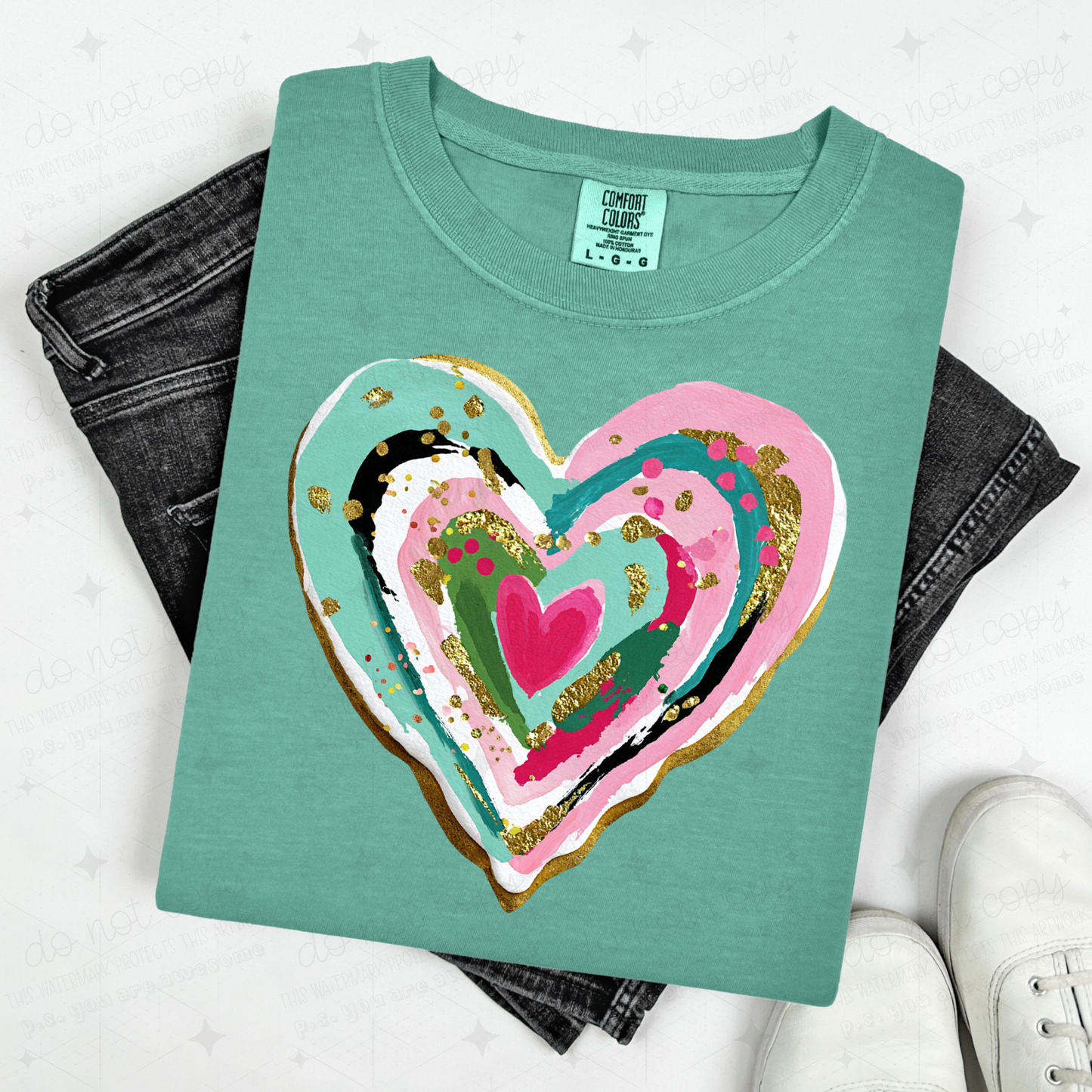GREEN AND PINK BRUSHSTROKE HEART - DTF TRANSFER