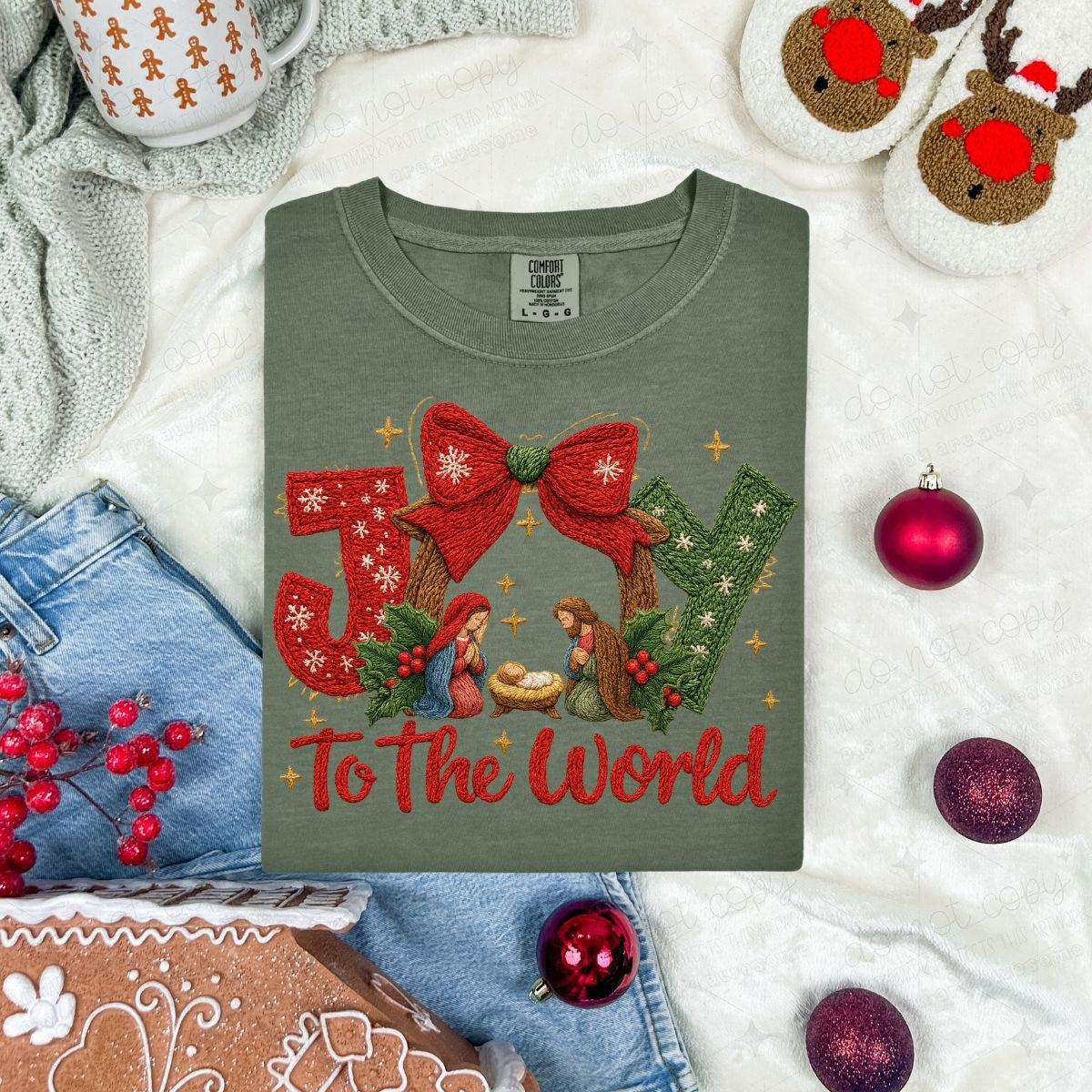 COQUETTE JOY TO THE WORLD NATIVITY - RED AND GREEN - FAUX YARN - DTF TRANSFER