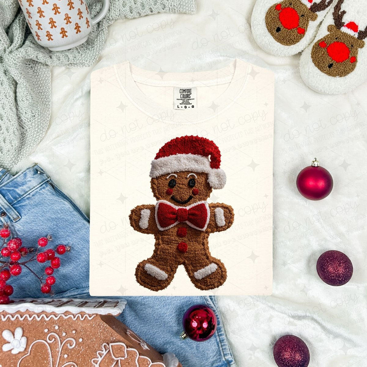 COQUETTE GINGERBREAD MAN - WITH RED BOW - FAUX YARN - DTF TRANSFER