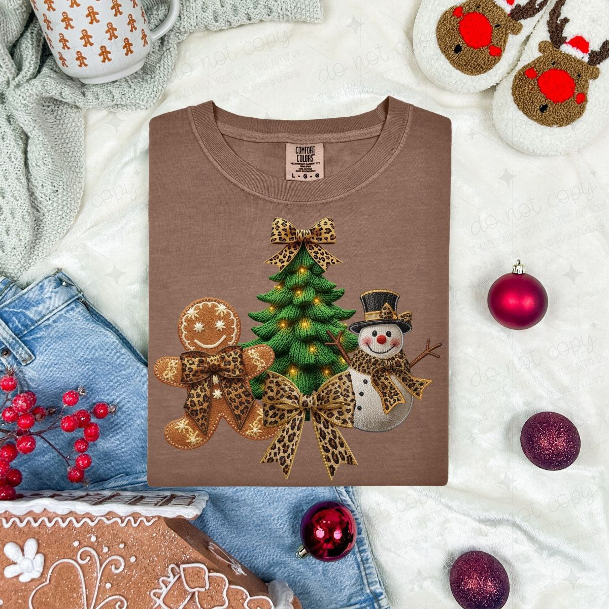 COQUETTE CHRISTMAS DOODLE - ANIMAL PRINT CHRISTMAS TREE GINGERBREAD MAN AND SNOWMAN - FAUX YARN - DTF TRANSFER