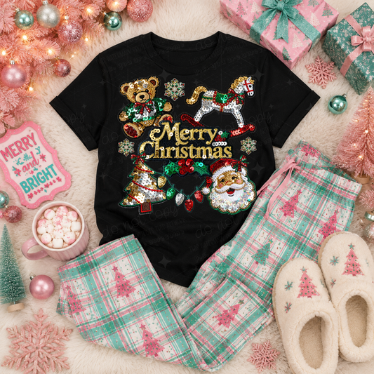 VINTAGE MERRY CHRISTMAS COLLAGE - FAUX SEQUINS - DTF TRANSFER
