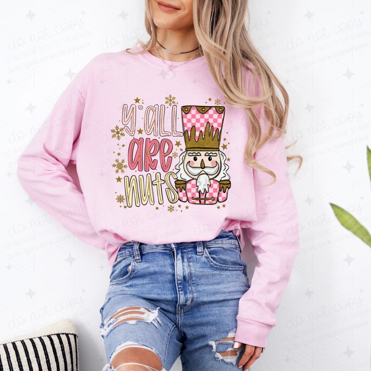 Y'ALL ARE NUTS - PINK + GOLD CHECKERED NUTCRACKER - FAUX GLITTER - COMPLETED TEE